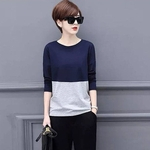 Long Sleeves Round Neck Top Color Contrast Blouse Pullover Shirt for Woman