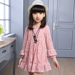 Crianças Baby Girl Adorável Solid Color Lace manga comprida em torno do pescoço Vestido Poliéster Fiber