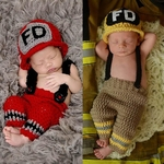 Crochet Hat bebê Shorts Set Recém-nascido traje do bombeiro do bebê Infant Boy malha Fotografia Bombeiros Props 1set