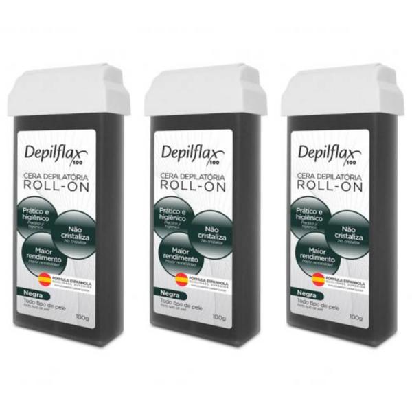 Depilflax Negra Cera Depilatória Rollon 100g (Kit C/03)