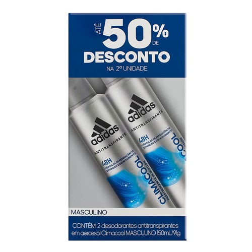 Desodorante Adidas Climacool Masculino Aerosol Antitranspirante 2 Unidades 150ml Cada com 50% de Desconto na 2ª Unidade