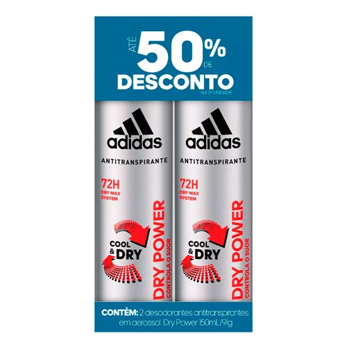 Desodorante Adidas Dry Power Aerosol 2 Unidades 150ml Cada com 50% de Desconto na 2ª Unidade