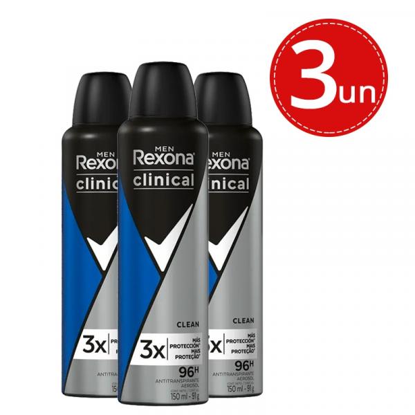 Desodorante Aerosol Rexona Clinical Clean Men - 3 Unidades