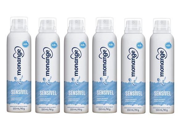 Desodorante Antitranspirante Aerosol Sensível Sem Perfume Feminino 150ml Monange - 6 Unidades