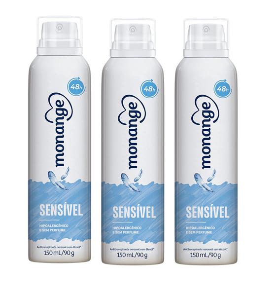 Desodorante Antitranspirante Aerosol Sensível Sem Perfume Feminino 150ml Monange - 3 Unidades