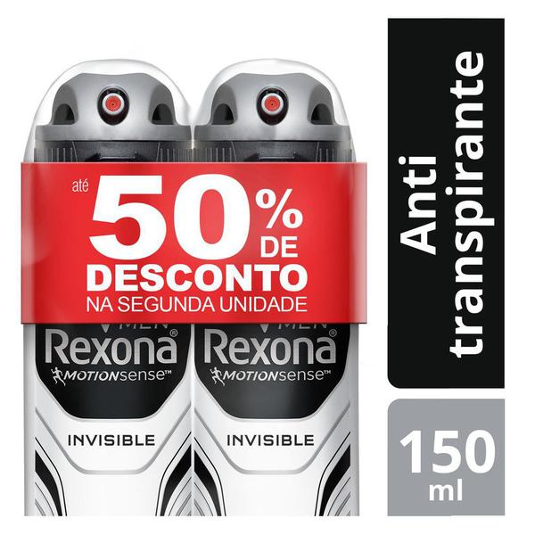Desodorante Antitranspirante Rexona Men Invisible Aerosol 2 Unidades 150ml Cada com 50% de Desconto na 2ª Unidade
