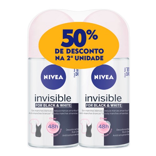 Desodorante Nivea Invisible For Black & White Clear Roll-on 2 Unidades de 50ml Cada + 50% Desconto na 2ª Unidade