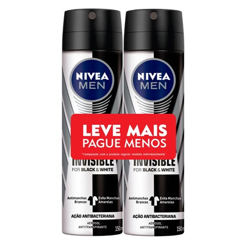 Desodorante Nivea Men Invisible For Black & White Aerosol Antitranspirante 48h 2 Unidades de 150ml Cada Leve Mais Pague Menos