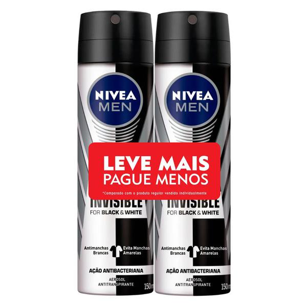 Desodorante Nivea Men Invisible For Black White Aerosol Antitranspirante 48h 2 Unidades de 150ml Cada Leve Mais Pague Menos