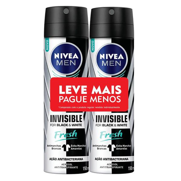 Desodorante Nivea Men Invisible For Black White Fresh Aerosol Antitranspirante 48h 2 Unidades de 150ml Cada Leve Mais Pague Menos