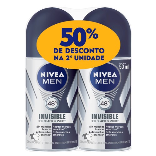 Desodorante Nivea Men Invisible For Black & White Roll-on Antitranspirante 48h com 2 Unidades de 50ml Cada + 50% Desconto na 2ª Unidade