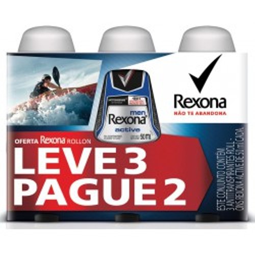 Desodorante Rexona Roll On Masculino Active 50ml 3 Unidades