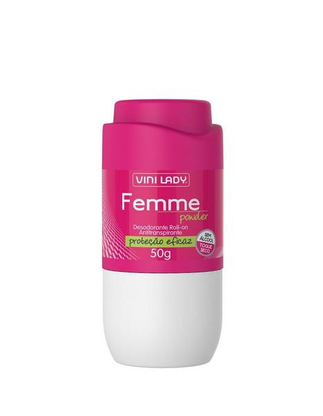 Desodorante Roll On Antitranspirante Femme Powder, Sem Alcool, Toque Seco 50gr - Vini Lady