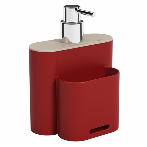 Dispenser Flat 2 em 1: Porta Detergente 500Ml e Esponja 9X13x16,5Cm Vermelho Bold e Light Gray Coza