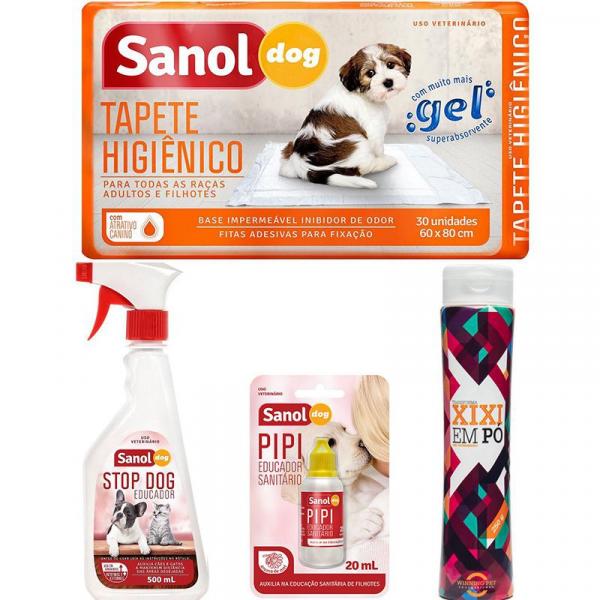 Educador Sanitário para Cães Stop Dog + Tapete Higiênico para Cães 30 Unidades + Xixi Sim + Limpa Xixi Sanol