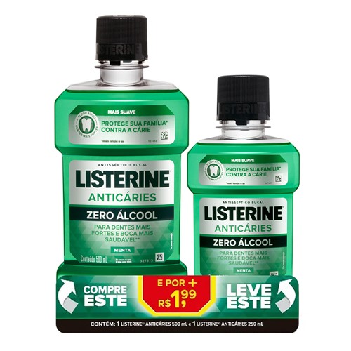 Enxaguante Bucal Listerine Anticáries Zero Álcool Menta 500ml + R$ 1,99 Leve 250ml