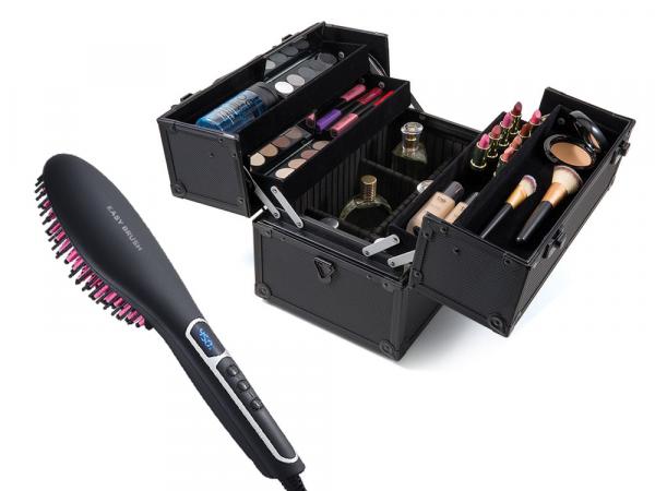 Escova Elétrica Alisadora Easy Brush Preta Philco Premium + Maleta Profissional para Maquiagem Be Emotion