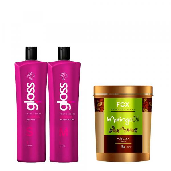 Escova Progressiva Fox Gloss - (2 X 1000ml) + Máscara Hidratante Moringa Oil Fox Gloss - 1kg - Fox Professional