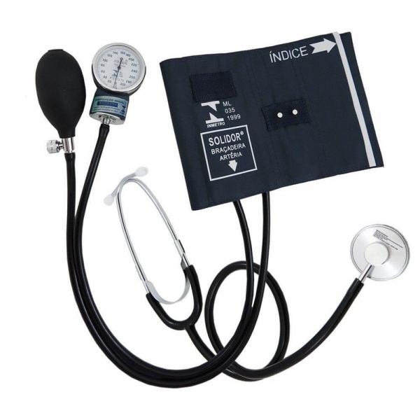 Esfigmomanômetro Aneroide com Estetoscópio Premium (braçadeira em Fecho de Metal) - Solidor