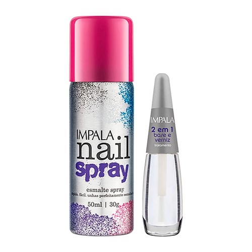 Esmalte Spray Impala Nail Spray Cor Pink com 50ml + Base 2 em 1 com 7,5ml