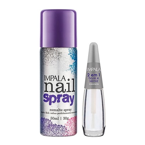 Esmalte Spray Impala Nail Spray Cor Roxo com 50ml + Base 2 em 1 com 7,5ml