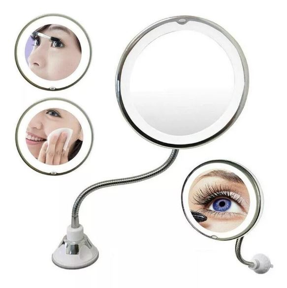 Espelho 360 Flexível Aumento 10x Ventosa Maquiagem Barba Led - B2t