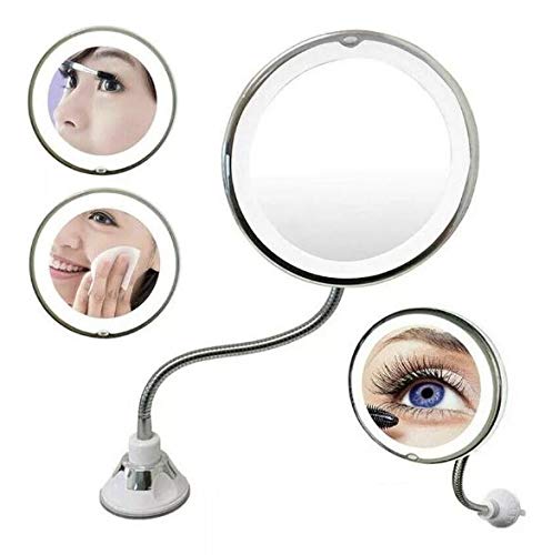 Espelho 360 Flexível Aumento 10x Ventosa Maquiagem Barba Led