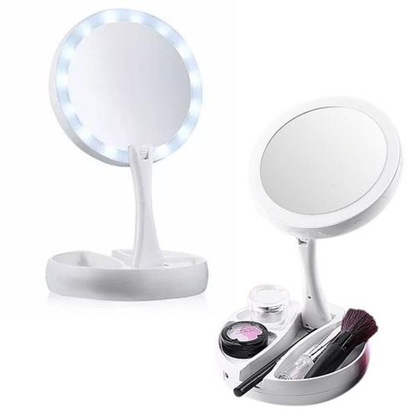 Espelho de Aumento 10x com Luz de Iluminação Led de Mesa Dobrável e Articulável REDONDO - Mkb