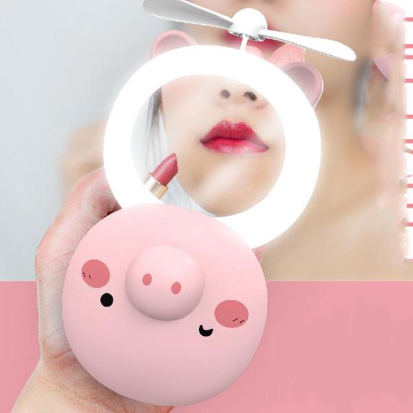 Espelho de MãoLed para Maquiagem Portátil Ventilador Porquinho - Global Br