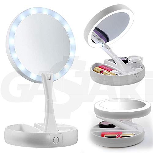 Espelho para MAQUIAGEM Dobrável Dupla Face Aumento 10X com Luz LED e Organizador