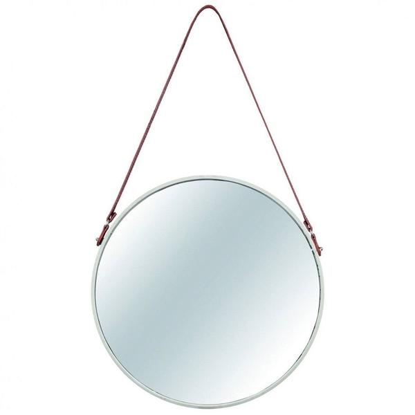 Espelho Redondo em Metal Off White com Alça Marrom 45cm Mart