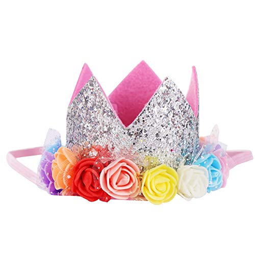 Faixa de Cabeça GLoaSublim Baby Kid Lantejoulas Brilhantes Coroa Flor Rosa Faixa de Cabelo Acessório de Aniversário - Prata + Rosa