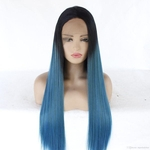 Fashion straight long women's front lace middle part synthetic wigs T1B/blue hair wigs hairpieces straight ombre color synthetic wig