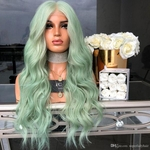 Fashion women's Wig female green long hair curls micro-roll long straight hair dyed synthetic wigs green body wave natural wave hairpieces