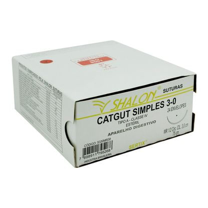 Fio para Sutura Shalon CatGut Simples 3-0 com Agulha Cilíndrica de 3,0cm e 1/2