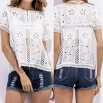 Floral Crochet Mulheres Camisetas Manga Curta O Pescoço Oco Out Zippers Branco Tops Tees