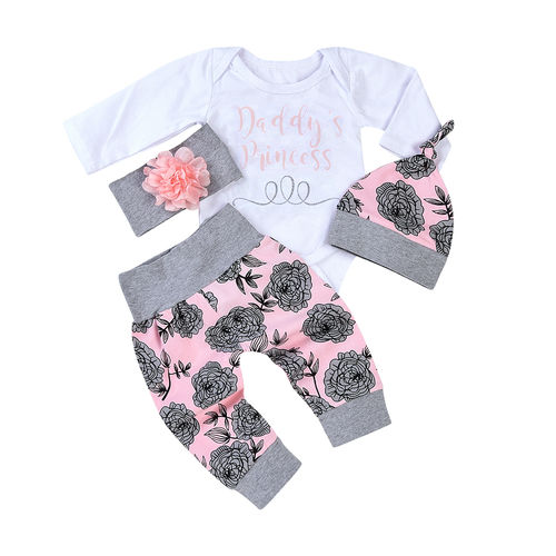 Flower Impressão 4pcs Recém-nascido Bebé Meninas Carta Outfit Pijamas Set Top Romper Calças Compridas Hat Banda Cabeça Roupas Roupas