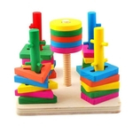 Forma geométrica Toy Bloco Matching Cinco Coluna Building Block crianças de madeira Brinquedos Educativos