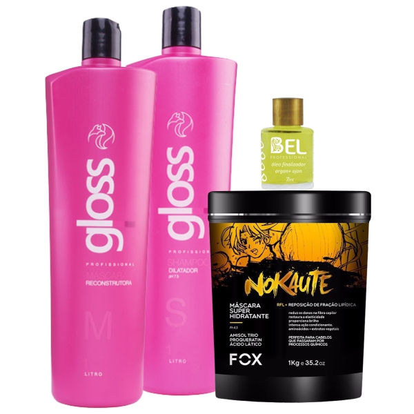 Fox Kit Progressiva Gloss+ Máscara Nokaute Hidratante 1kg+ Óleo Argan Bel