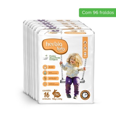 Fralda Ecológica Descartável EXG Herbia Baby Jumbo com 6 Pacotes de 16 Uni Cada