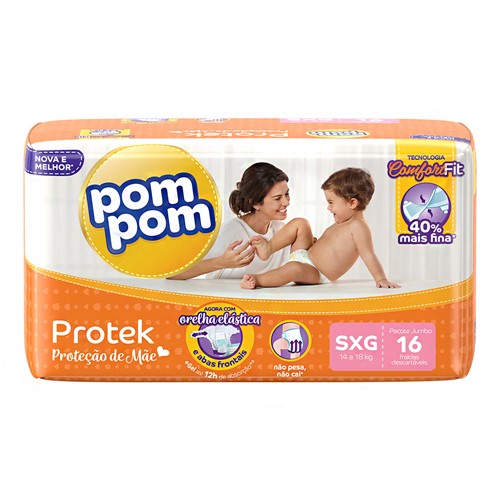 Fralda Pom Pom Protek Proteção de Mãe Tamanho SXG Pacote Jumbo 16 Fraldas Descartáveis