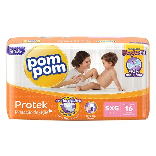 Fralda Pom Pom Protek Proteção de Mãe Tamanho SXG Pacote Jumbo com 16 Fraldas Descartáveis