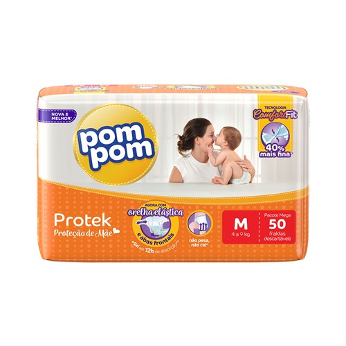 Fraldas Pom Pom M Protek Proteção de Mãe Mega - 50 Unidades