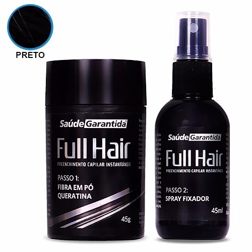Full Hair Maquiagem para Cabelo com Pó de Queratina Preto Spray Fixador + Fibra em Pó - Saúde Garantida
