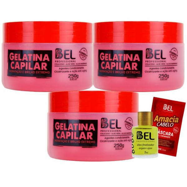 3 Gelatina Hidratante Capilar Bel 250g Aloe Vera e Colágeno - Bel Professional