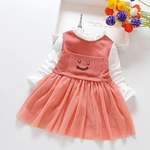 Girls Dress of Flouncing Collar Smile Face Decorated Knitted Top Stitching Mesh Dress