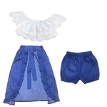 Redbey 3 PCS / Set Moda Chic Baby Girl Roupa Set Lace pescoço barco Collar Tops + Denim Shorts + Denim Dovetail Saia