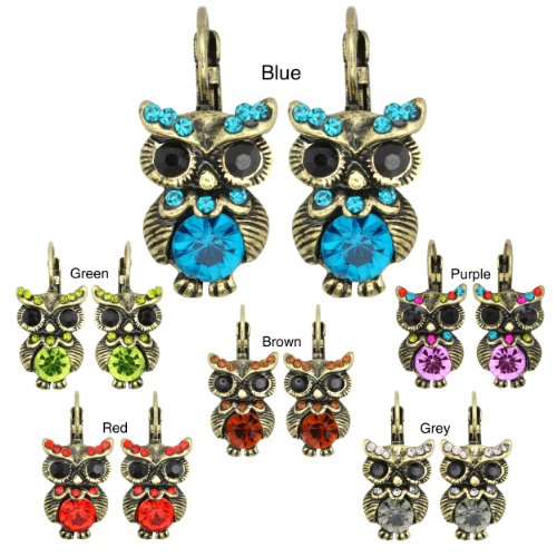 (Blue) - Kate Marie Vintage Earrings Owl Design Embellished With Crystal And Rhinestone
