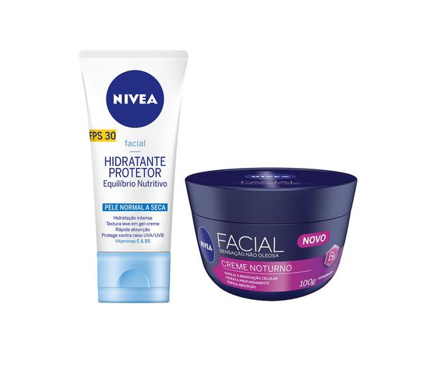 Hidratante Facial Protetor Equilíbrio Nutritivo Fps30 50g + Creme Facial Noturno Sensação não Oleosa 100g Nivea 2 Itens