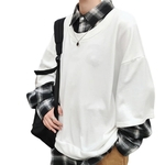 Homem mangas compridas xadrez de tamanho grande e bonito Falso Two Pieces Sweatshirt Moda Hoodies